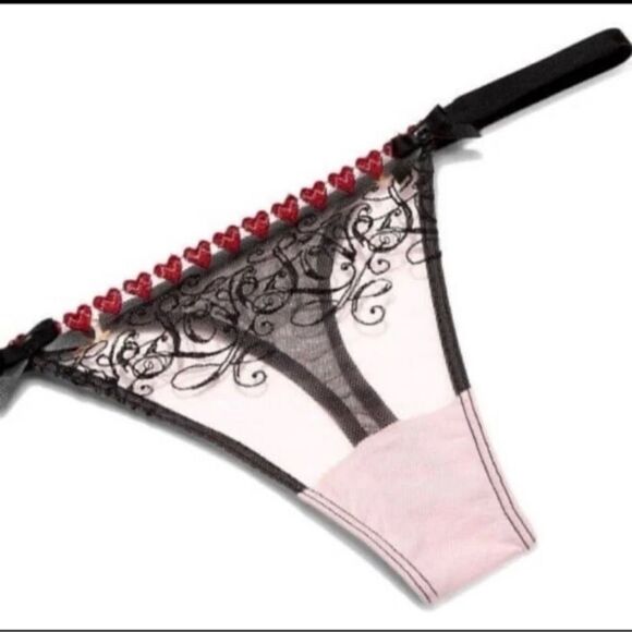 Victorias Secret Very Sexy Set Heart Embroid Mesh faux leather corset bra thong - Picture 5 of 7